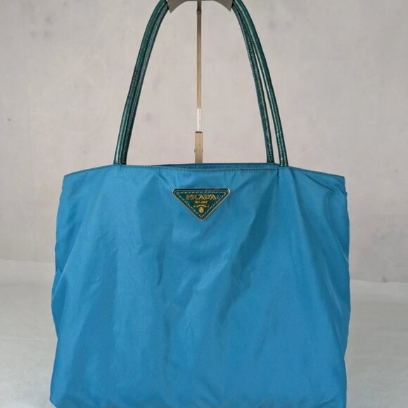 Authentic PRADA Tote Bag Turquoise Blue Gold Shoulder Bag Made in Italy - Picture 1 of 13